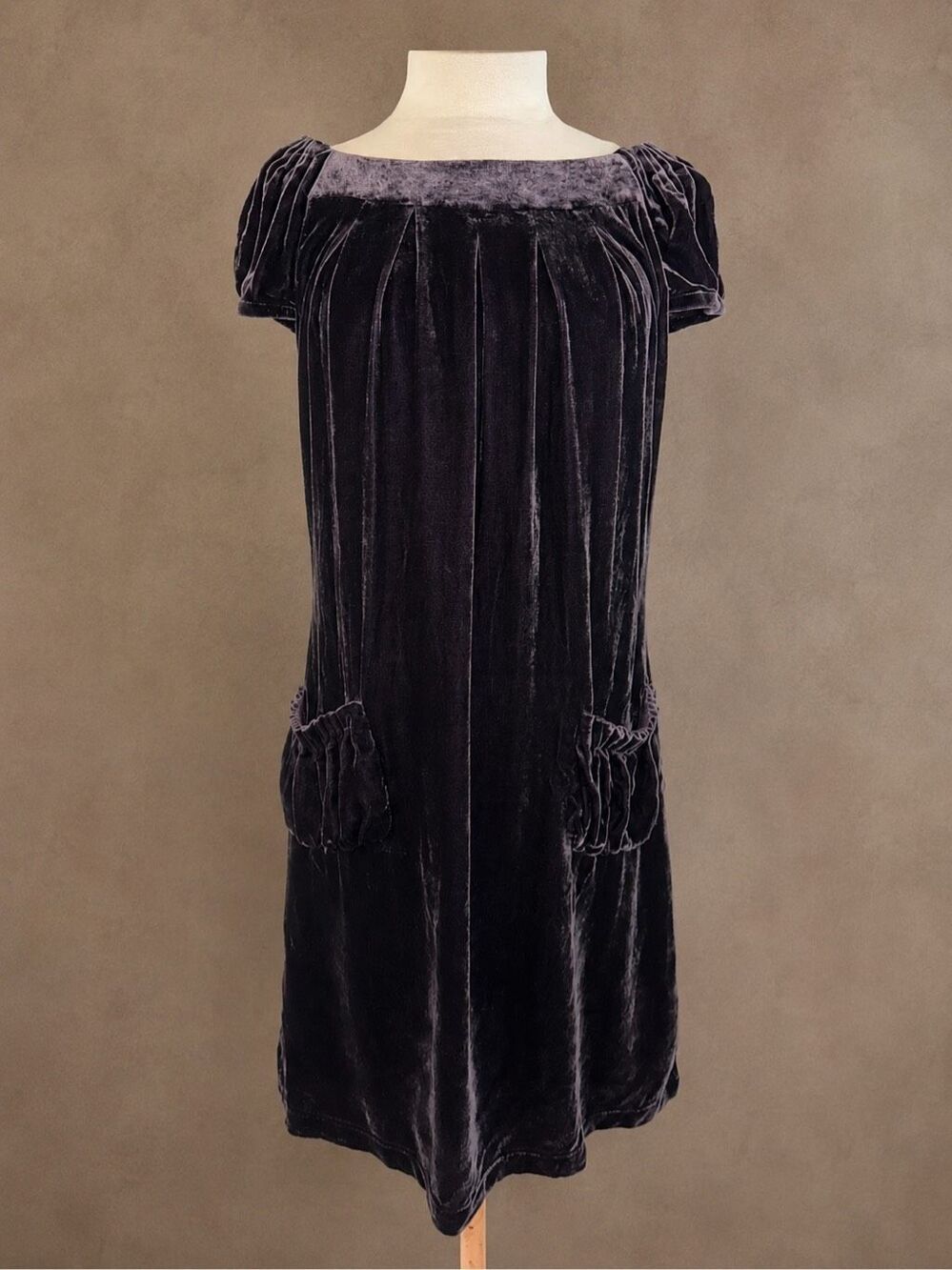 Oleg Cassini OC by OC Size 4 Purple Velvet Shift Dress Boat Neck Puff Sleeve Poc